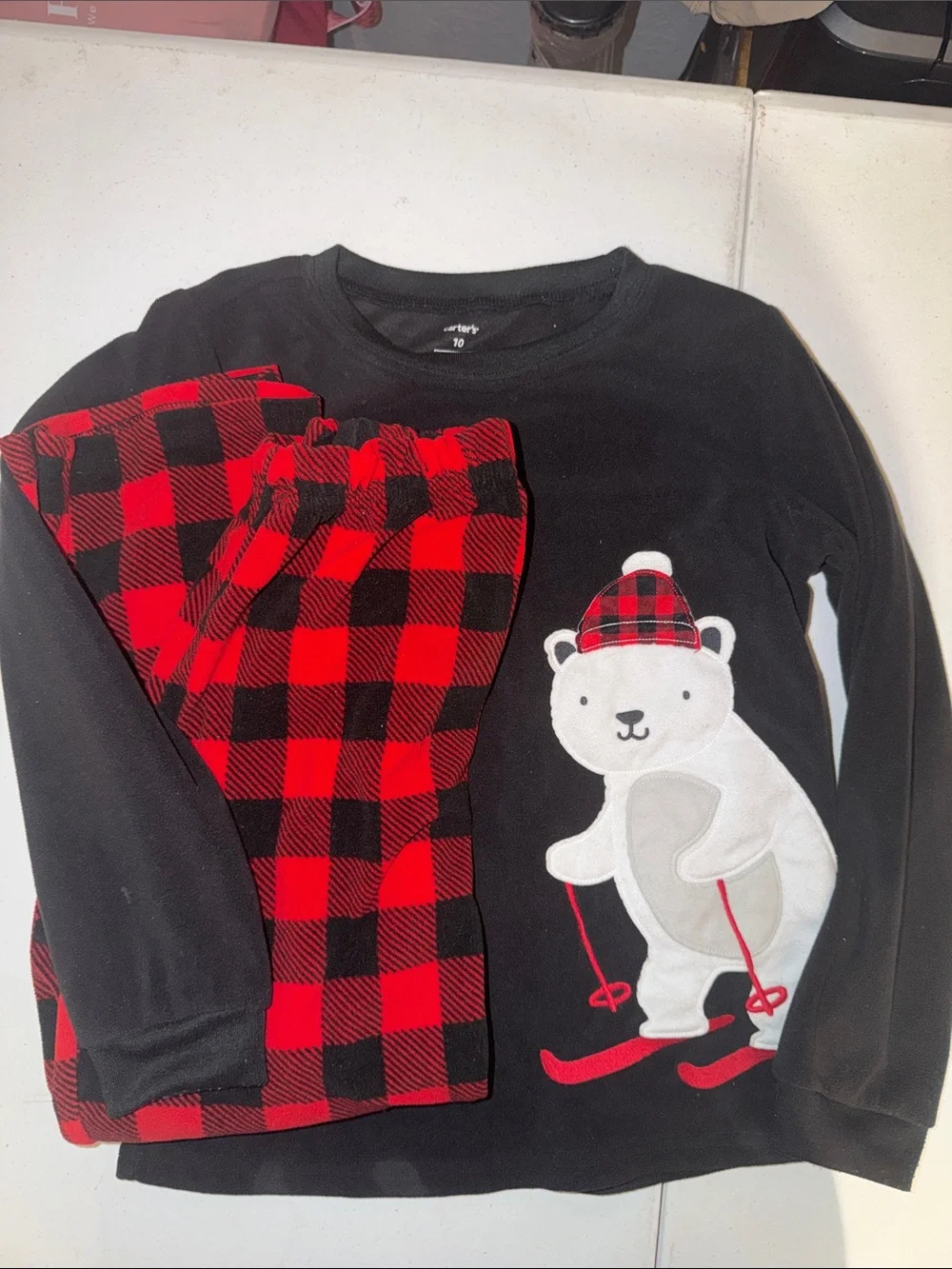 Carter's Black Top with Red Buffalo Plaid Pants Polar Bear Ski Pajama Set